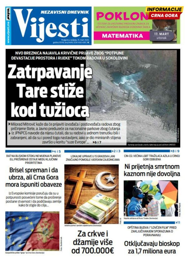 Naslovna strana "Informacije CG" za 15. mart 2026.