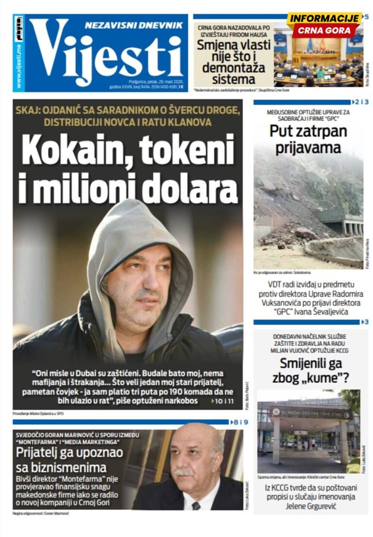 Naslovna strana "Informacije CG" za 20. mart 2026.