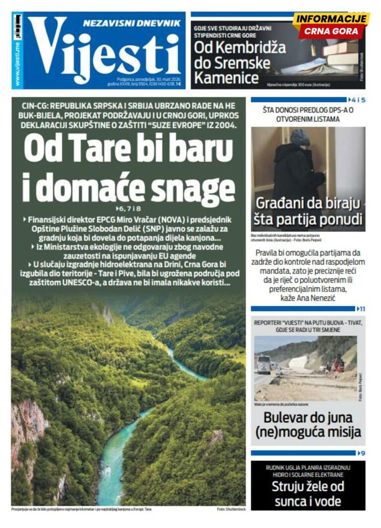 Naslovna strana "Informacije CG" za 30. mart 2026.