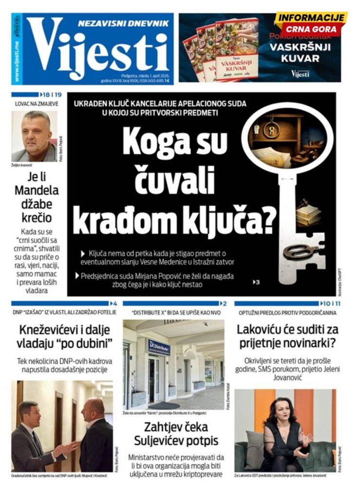 Naslovna strana "Informacije CG" za 1. april 2026.