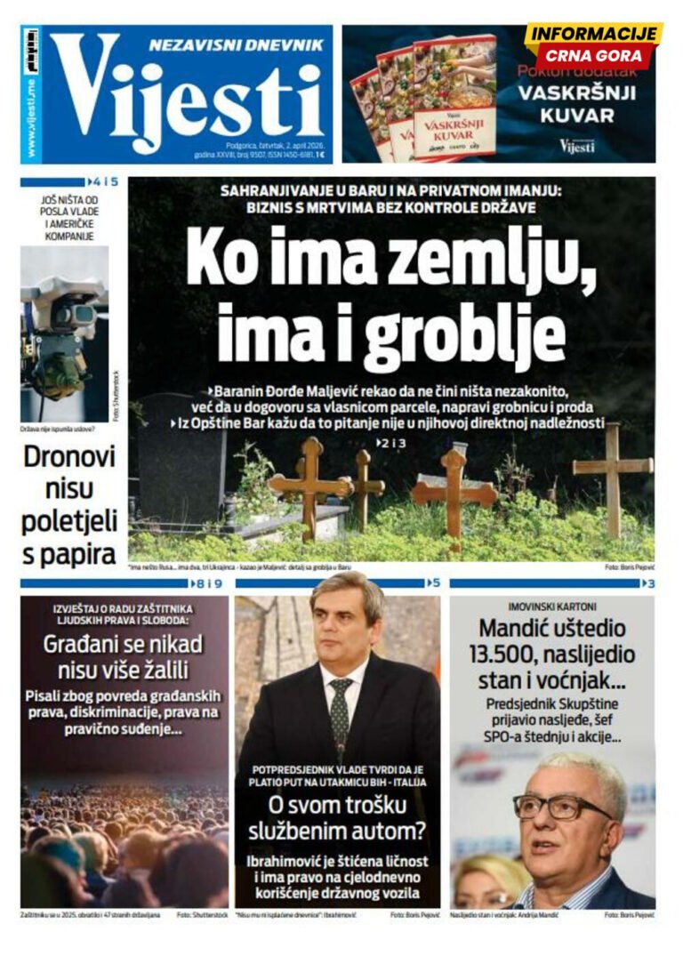 Naslovna strana "Informacije CG" za 2. april 2026.