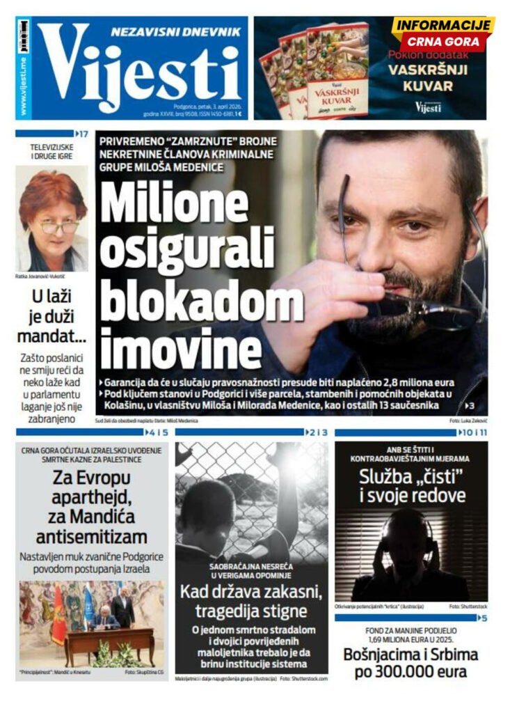 Naslovna strana "Informacije CG" za 3. april 2026.