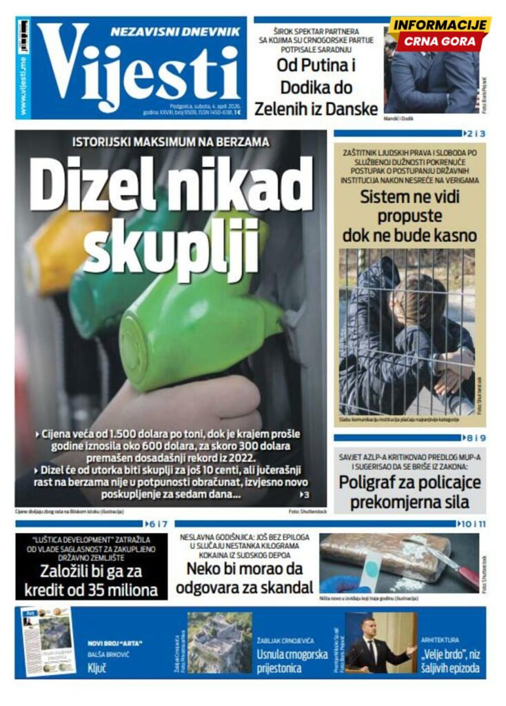 Naslovna strana "Informacije CG" za 4. april 2026.