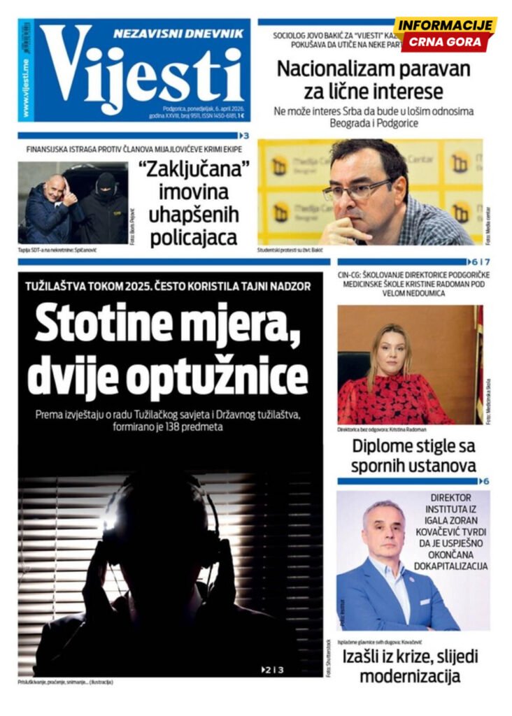 Naslovna strana "Informacije CG" za 6. april 2026.