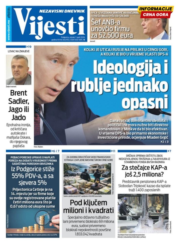 Naslovna strana "Informacije CG" za 7. april 2026.