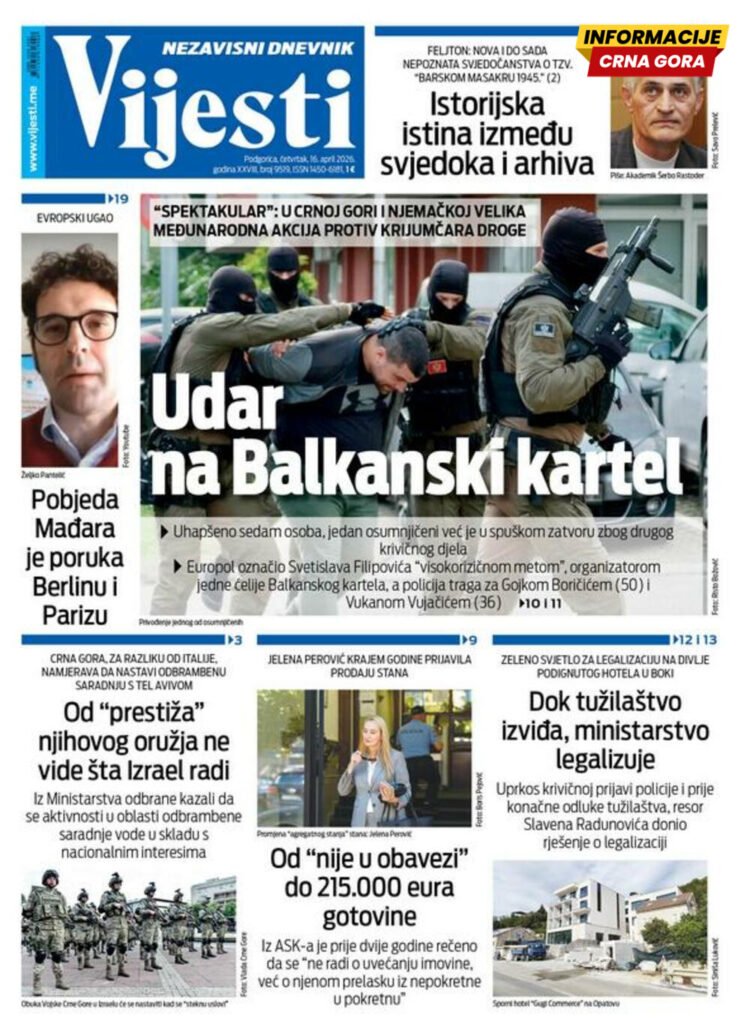 Naslovna strana Informacije CG za 16. april 2026.