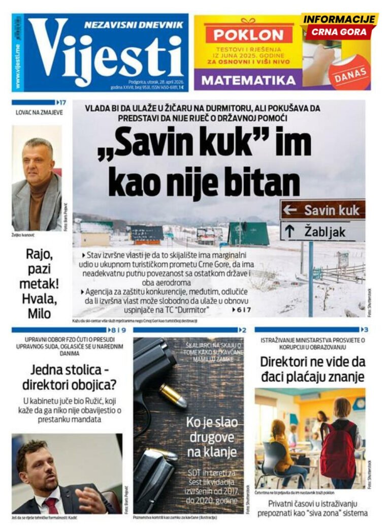 Naslovna strana "Informacije CG" za 28. april 2026.