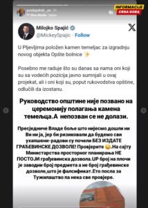 Vraneš odgovorio Spajiću: Nijesmo došli jer nijesmo ni pozvani, radovi počeli bez građevinske dozvole