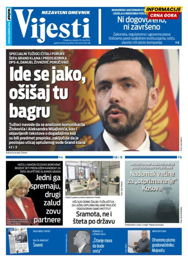 Naslovna strana Informacije CG za 30. maj 2026.