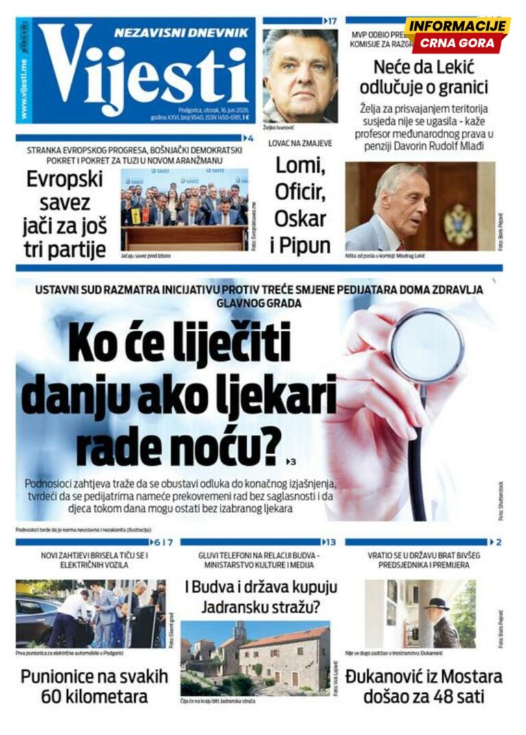 Naslovna strana "Informacije CG" za 16. jun 2026. godine