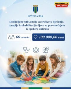 Opština Bar: Za liječenje, terapije i rehabilitaciju djece sa autizmom u Baru dodijeljeno 100 hiljada eura
