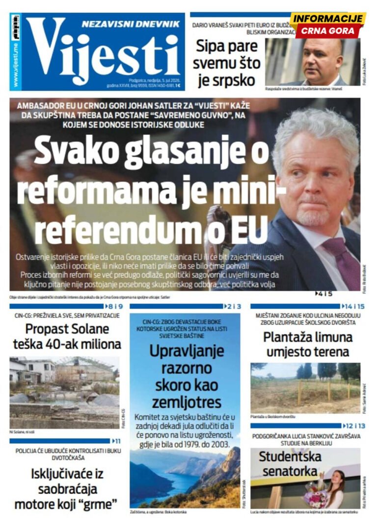 Naslovna strana "Informacije CG" za 5. jul 2026. godine