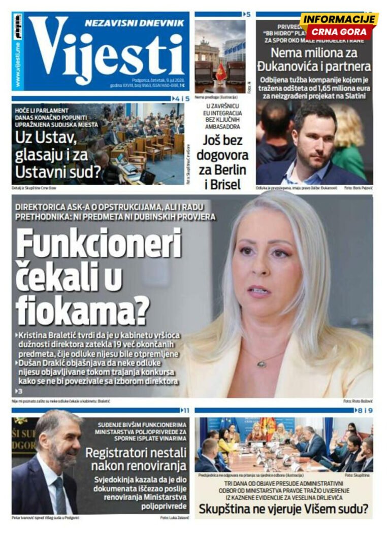 Naslovna strana "Informacije CG" za 9. jul 2026. godine