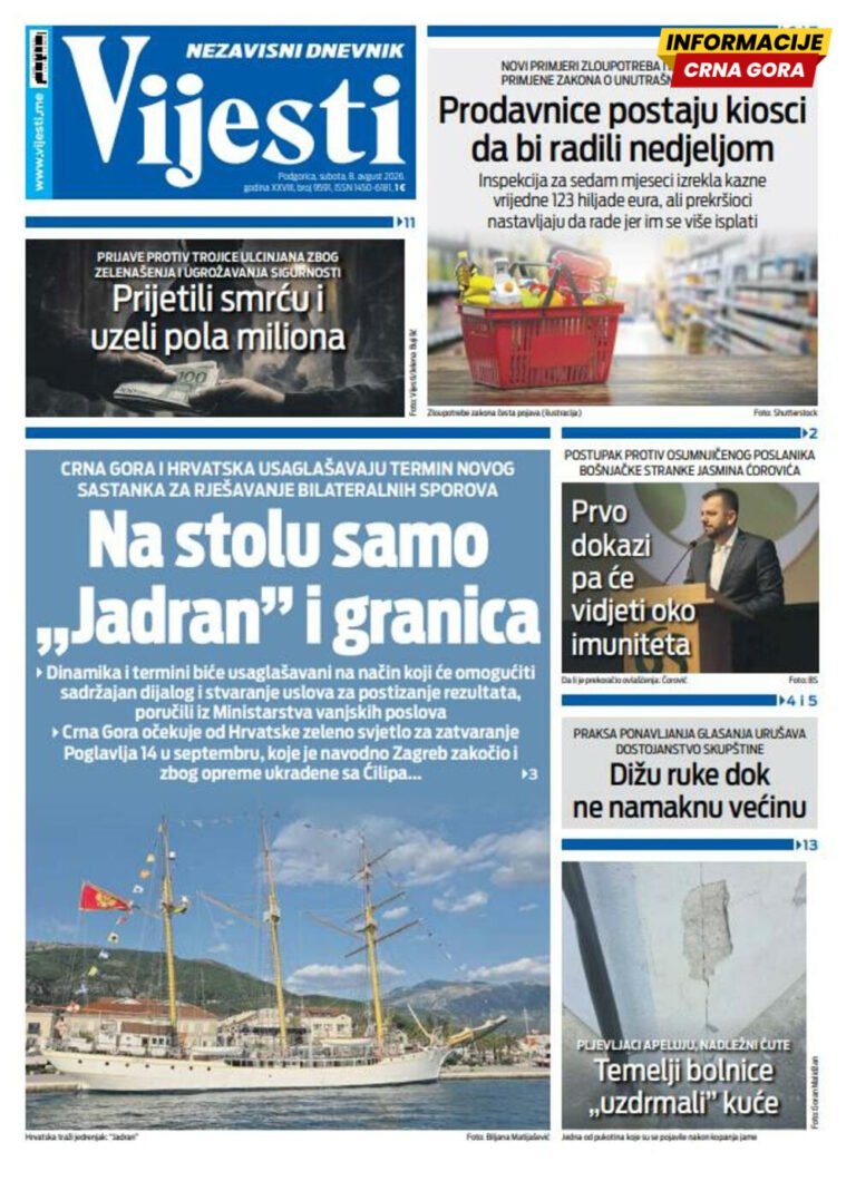 Naslovna strana "Informacije CG" za 8. avgust 2026. godine