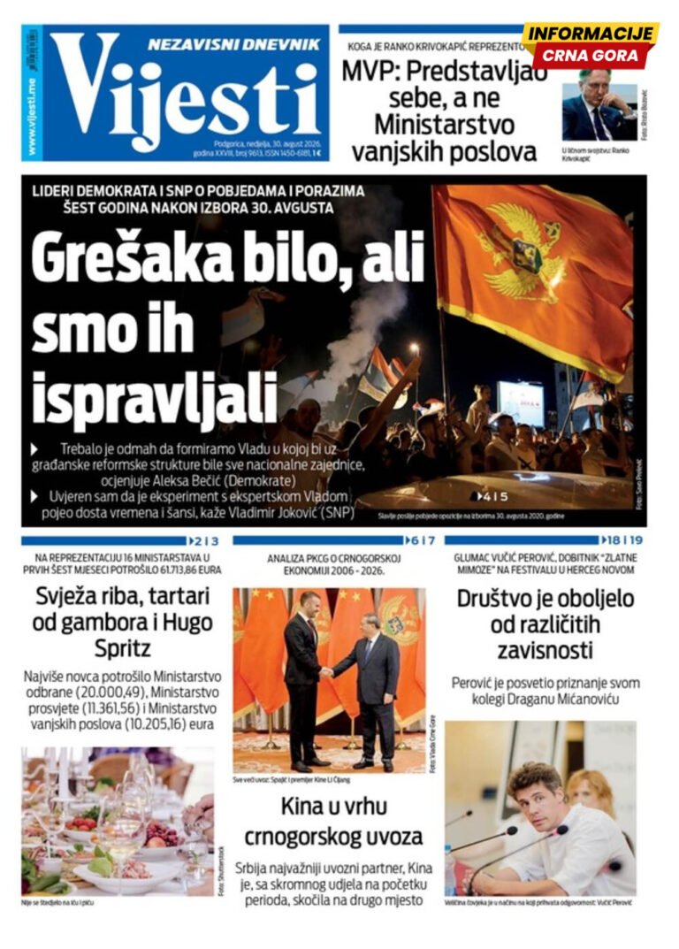 Naslovna strana "Informacije CG" za 30. avgust 2026. godine