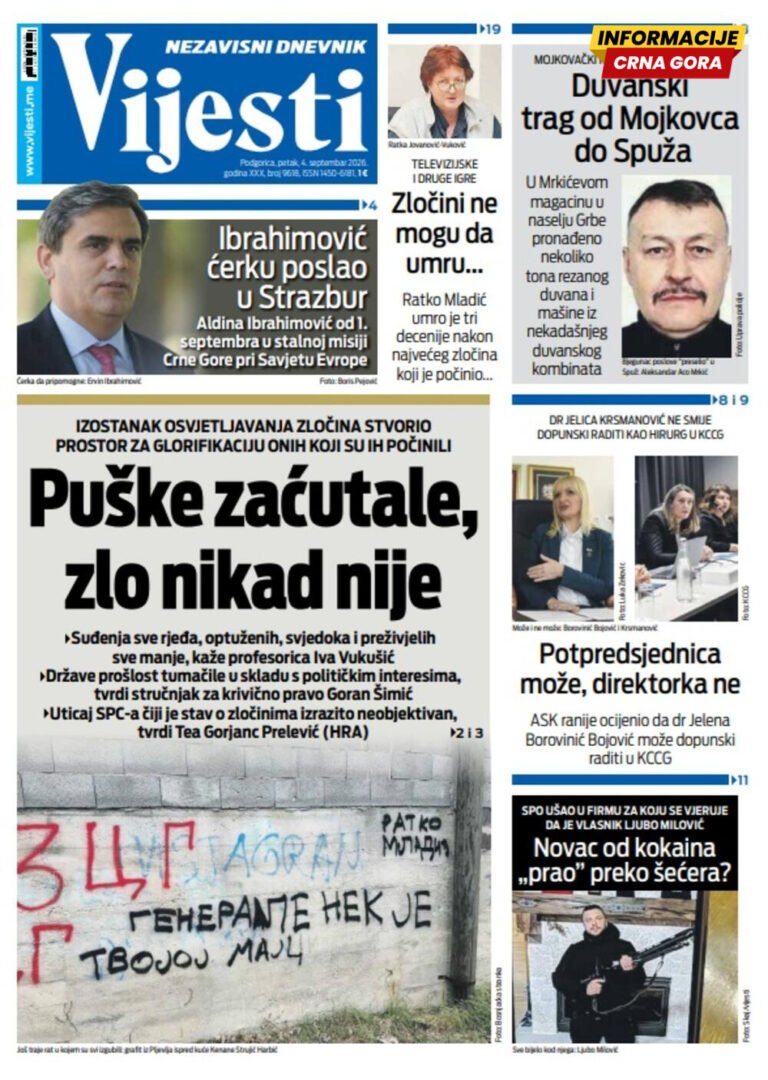 Naslovna strana "Informacije CG" za 4. septembar 2026. godine